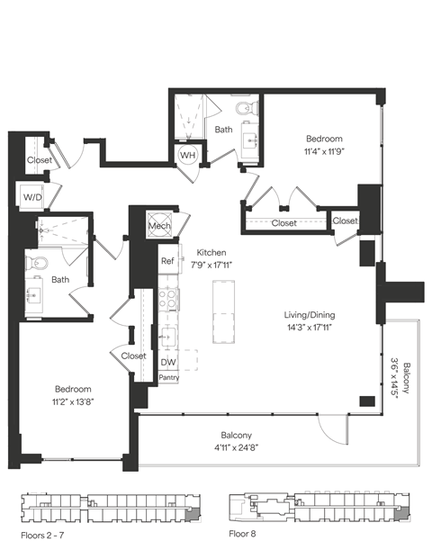 Floor plan for 2 beds, 2 baths, 1179 sqft